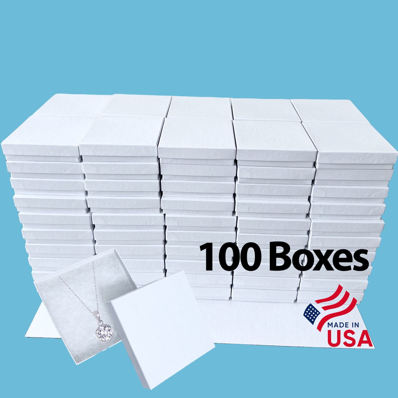 MADE IN USA - 100 Boxes - Gloss White Jewelry Boxes with Cotton Filling - 3.5"x3.5"x7/8"